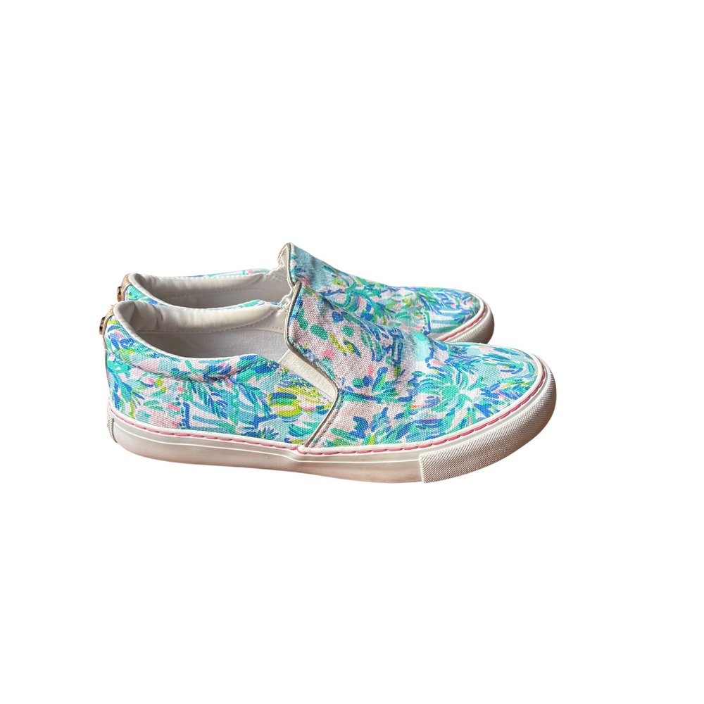 Lilly Pulitzer Womens Tropical Floral Slip On Sneakers Blue Green Pink Size 7.5M